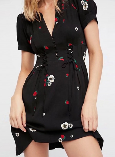 Black High Waist Lace up Floral Print Dress