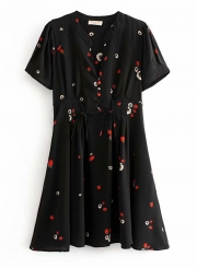 Black High Waist Lace up Floral Print Dress