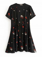 Black High Waist Lace up Floral Print Dress