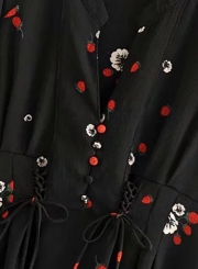 Black High Waist Lace up Floral Print Dress