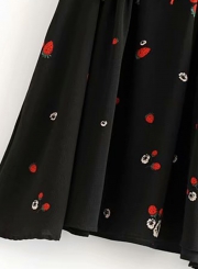 Black High Waist Lace up Floral Print Dress