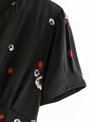Black High Waist Lace up Floral Print Dress