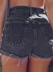 Summer High Waist Retro Wash Wide Leg Roll-Up Denim Shorts With Burrs