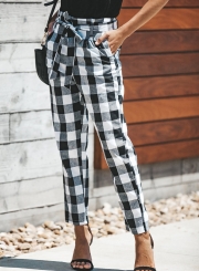 Casual High Waist Tie Waist Plaid Pants With Pockets