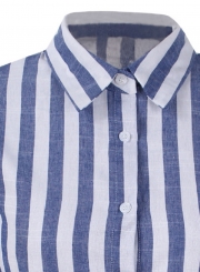 Blue Striped Casual   Turn-Down Collar Long Sleeve Button Down Shirt
