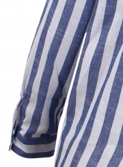 Blue Striped Casual   Turn-Down Collar Long Sleeve Button Down Shirt