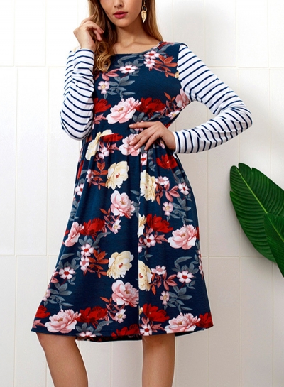 Casual Floral Print Striped Round Neck Long Sleeve A-line Dress STYLESIMO.com