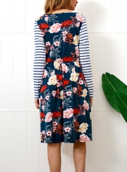 Casual Floral Print Striped Round Neck Long Sleeve A-line Dress