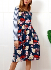 Casual Floral Print Striped Round Neck Long Sleeve A-line Dress