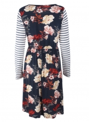 Casual Floral Print Striped Round Neck Long Sleeve A-line Dress