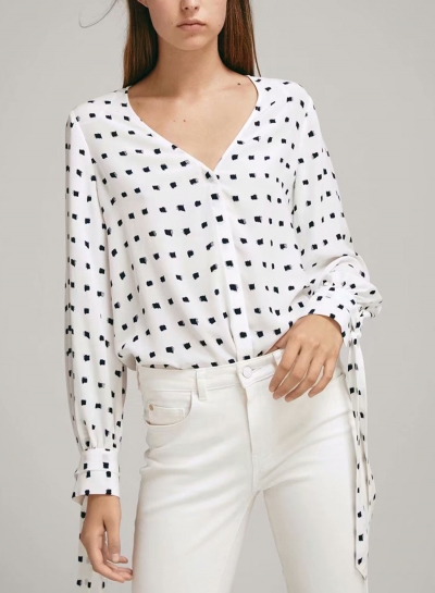 White Women's Printed V Neck Long Sleeve Slim BUtton Down Shirt With Bow YOUYOUFASHIONEC.com