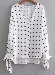 White Women's Printed V Neck Long Sleeve Slim BUtton Down Shirt With Bow