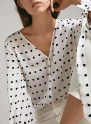 White Women's Printed V Neck Long Sleeve Slim BUtton Down Shirt With Bow