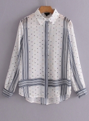 Blue Women's Casual Striped Polka Dot Long Sleeve Loose Button Down Shirt