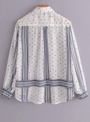 Blue Women's Casual Striped Polka Dot Long Sleeve Loose Button Down Shirt