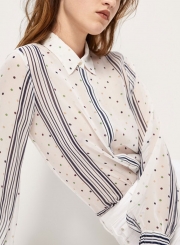 Blue Women's Casual Striped Polka Dot Long Sleeve Loose Button Down Shirt