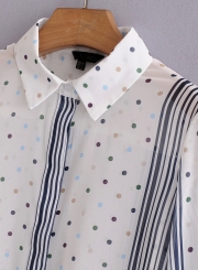 Blue Women's Casual Striped Polka Dot Long Sleeve Loose Button Down Shirt