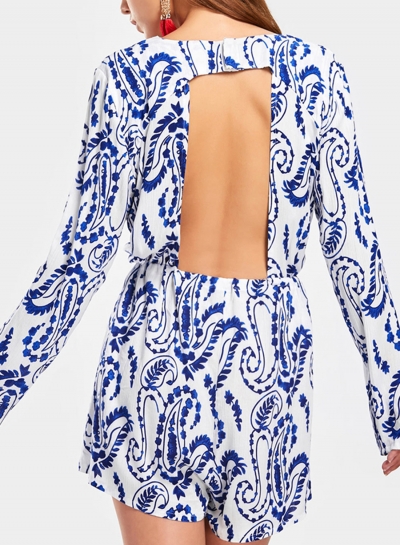 Blue Floral Print V Neck Long Sleeve Backless Wide Leg Romper With Drawstring YOUYOUFASHIONEC.com