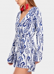 Blue Floral Print V Neck Long Sleeve Backless Wide Leg Romper With Drawstring