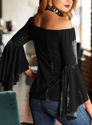 Black Women's Off Shoulder Flare Sleeve Slim Solid Color Pullover Blouse