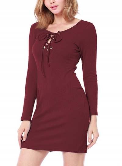 Burgundy Casual Round Neck Long Sleeve Lace-Up Pullover Bodycon Dress YOUYOUFASHIONEC.com