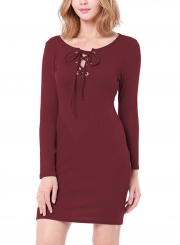 Burgundy Casual Round Neck Long Sleeve Lace-Up Pullover Bodycon Dress