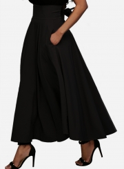 Black Solid High Waist Pockets Bow Tie Pleated Swing Long Skirts