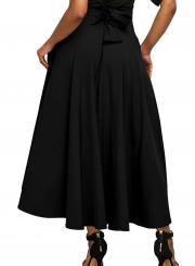 Black Solid High Waist Pockets Bow Tie Pleated Swing Long Skirts