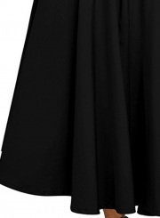 Black Solid High Waist Pockets Bow Tie Pleated Swing Long Skirts