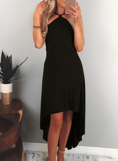 Black Women's Fashion Sexy Solid Irregular Halter Off The Shoulder Midi Dress LZDINTECOMMERCE.com