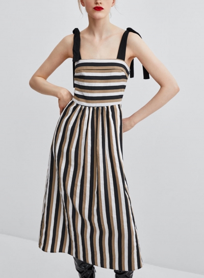 Coffee Casual Striped Strappy Bow Tie Backless High Waist A-line Dress YOUYOUFASHIONEC.com