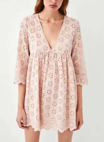 Pink Summer V Neck Long Sleeve Hollow Out Loose Solid Color Dress STYLESIMO.com