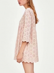 Pink Summer V Neck Long Sleeve Hollow Out Loose Solid Color Dress