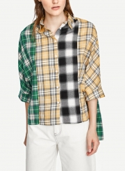 Multi Turn-Down Collar Long Sleeve High Low Loose Plaid Button Down Shirt
