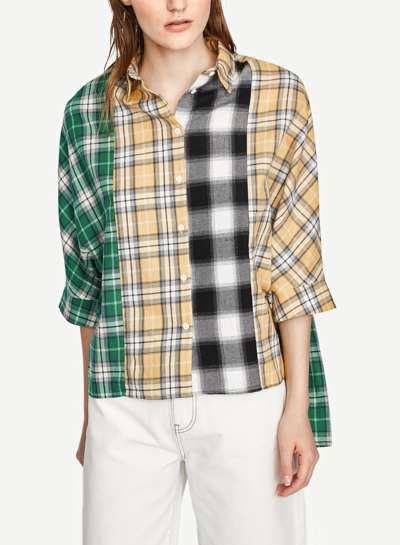 Multi Turn-Down Collar Long Sleeve High Low Loose Plaid Button Down Shirt YOUYOUFASHIONEC.com