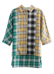 Multi Turn-Down Collar Long Sleeve High Low Loose Plaid Button Down Shirt