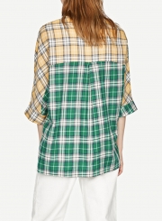 Multi Turn-Down Collar Long Sleeve High Low Loose Plaid Button Down Shirt