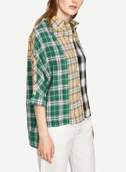 Multi Turn-Down Collar Long Sleeve High Low Loose Plaid Button Down Shirt