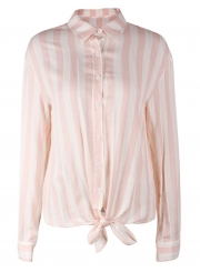 Pink Striped Turn-Down Collar Long Sleeve Bow Tie Loose Button Down Shirt