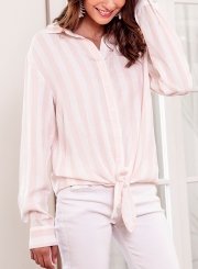 Pink Striped Turn-Down Collar Long Sleeve Bow Tie Loose Button Down Shirt