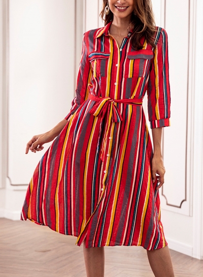Red Striped Turn-Down Collar Waist Tie Button Down Maxi Dress With Pockets STYLESIMO.com