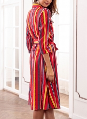 Red Striped Turn-Down Collar Waist Tie Button Down Maxi Dress With Pockets