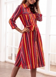 Red Striped Turn-Down Collar Waist Tie Button Down Maxi Dress With Pockets