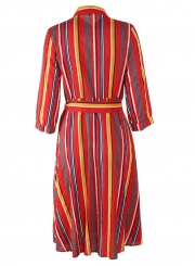 Red Striped Turn-Down Collar Waist Tie Button Down Maxi Dress With Pockets