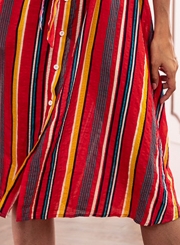 Red Striped Turn-Down Collar Waist Tie Button Down Maxi Dress With Pockets