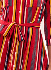 Red Striped Turn-Down Collar Waist Tie Button Down Maxi Dress With Pockets