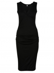 Black Sleeveless V Neck Solid Color Bodycon Maxi Dress