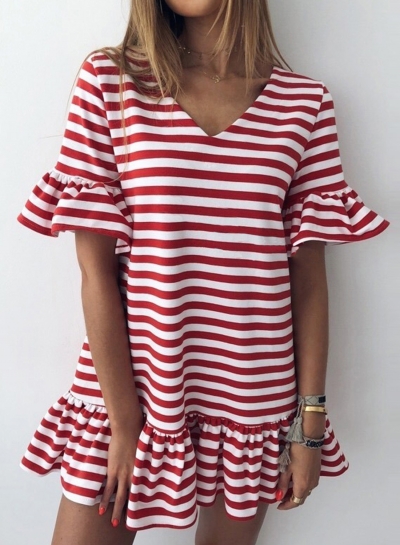 Red Striped V Neck Flounce Sleeve Loose Ruffle Mini Dress YOUYOUFASHIONEC.com