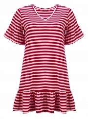 Red Striped V Neck Flounce Sleeve Loose Ruffle Mini Dress