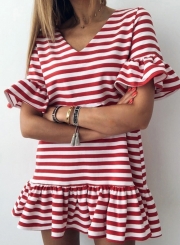 Red Striped V Neck Flounce Sleeve Loose Ruffle Mini Dress